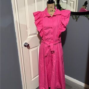 Maison Tara Pink Cotton Ruffled Midi Shirt Dress Sz 14